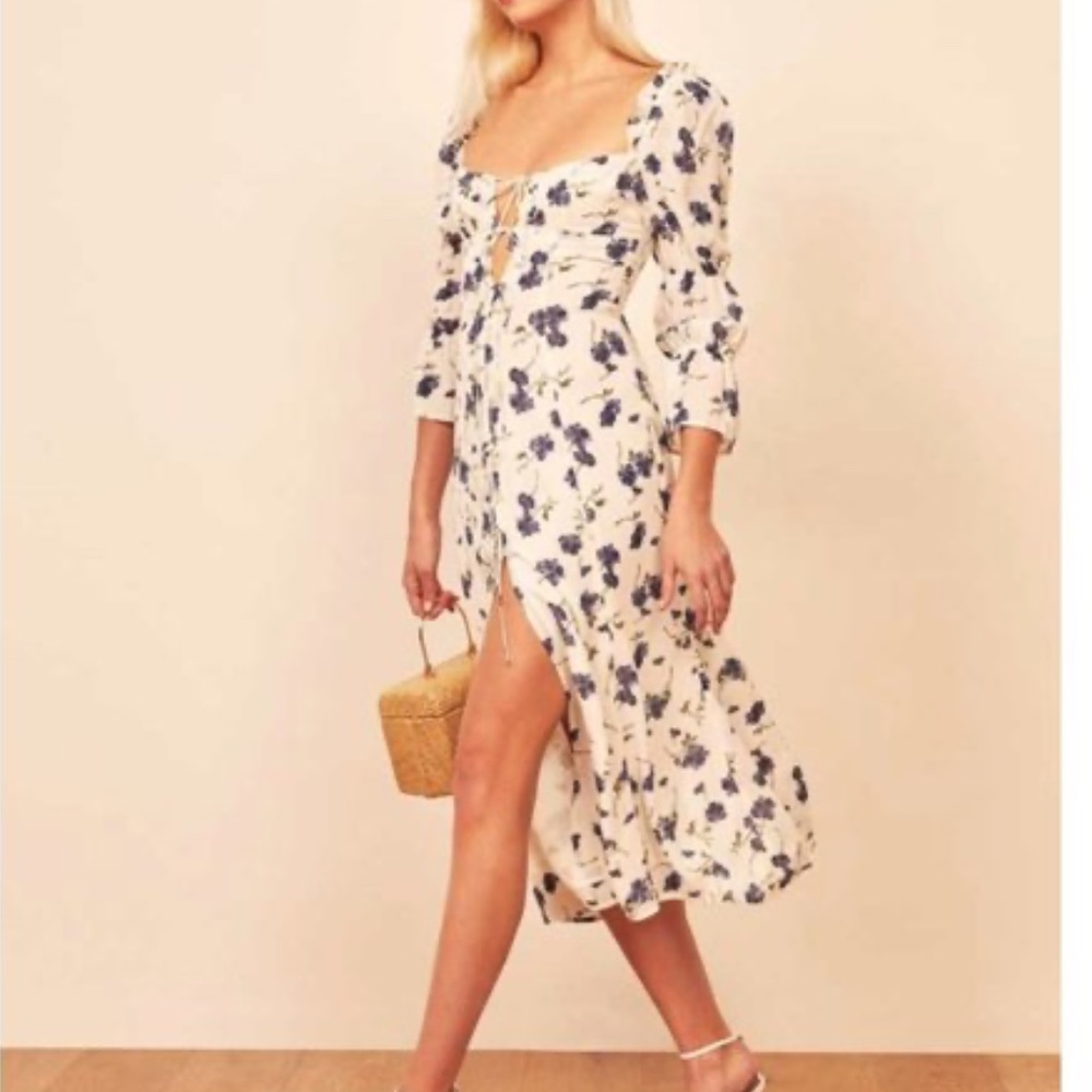 Bohemian Off White Blue Floral lace up Midi Dress Gypsy - Picture 11 of 11
